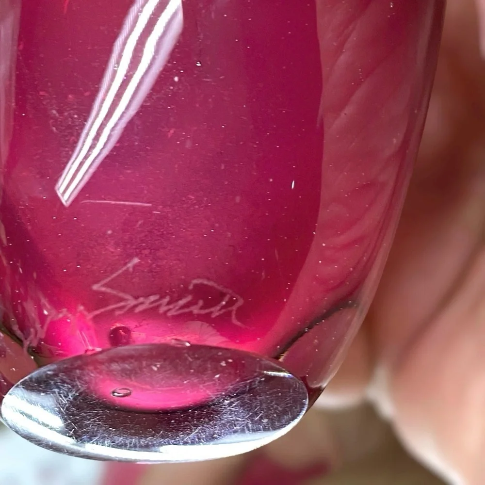 Drew Smith Art Glass Vase Signed Hand Blown 5” Tall Polished Pontil Vintage Pink